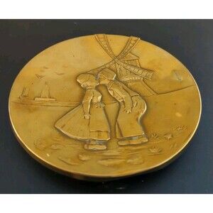 2 - Vintage 5” Round -Brass Embossed Dutch Windmill Plates With Children
